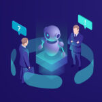 artificial intelligence ai robot gives recommendation, human get automated response from chatbot, business consulting system, isometric vector neon
