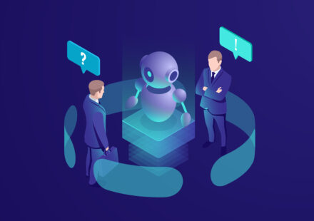 artificial intelligence ai robot gives recommendation, human get automated response from chatbot, business consulting system, isometric vector neon